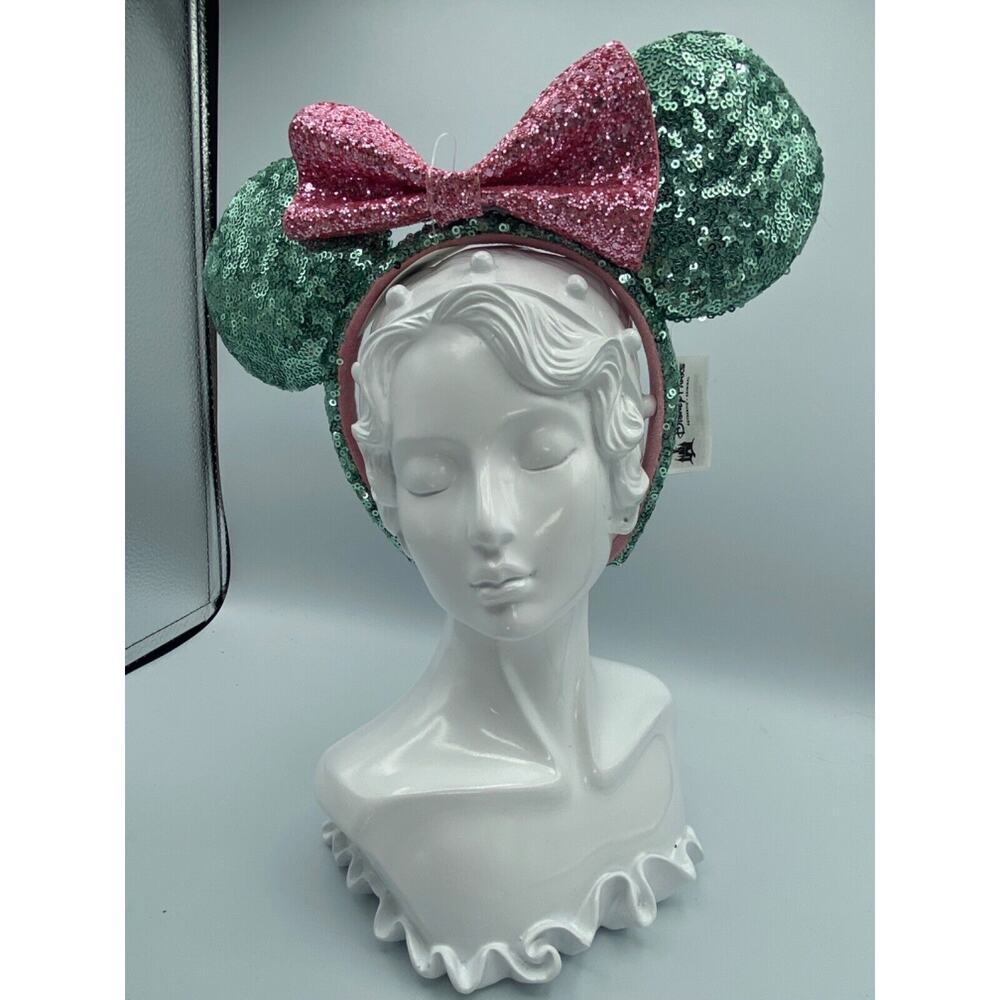 Genuine Disney Park Sequin Mint Green Ears Pink Bow Minnie Mickey Mouse Headband